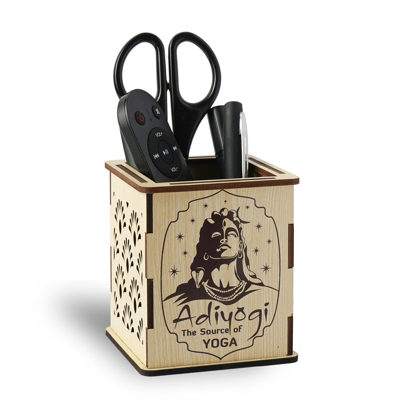 Wooden Adiyogi Pen Stand | Lord Shiva Desk Organizer | Spiritual Table Decor