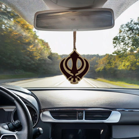 Khanda Sahib Wooden Brown Color - Punjabi Sikh Car Hanging