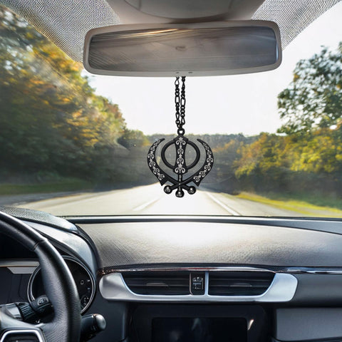 Metal Khanda Sahib Medium Size - Black Color With Design - Punjabi Car Hanging